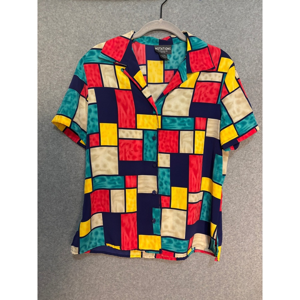 Notations Petite Colorblock Button Up Blouse Women's‎ PM Retro 90s Top Artsy